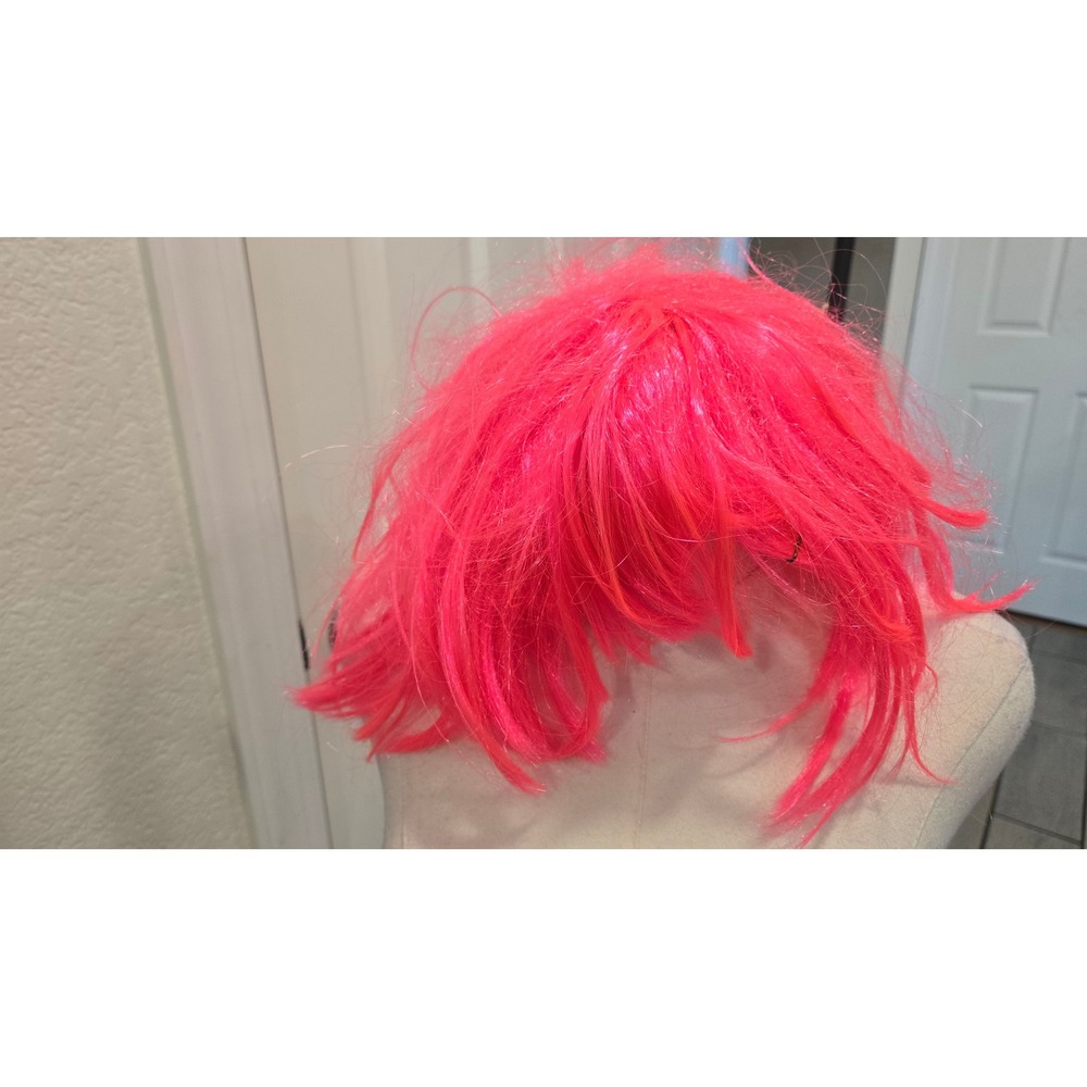 Lot of 2 Costume Wigs Neon Pink Bob and Black Shaggy Synthetic Hair Cosplay